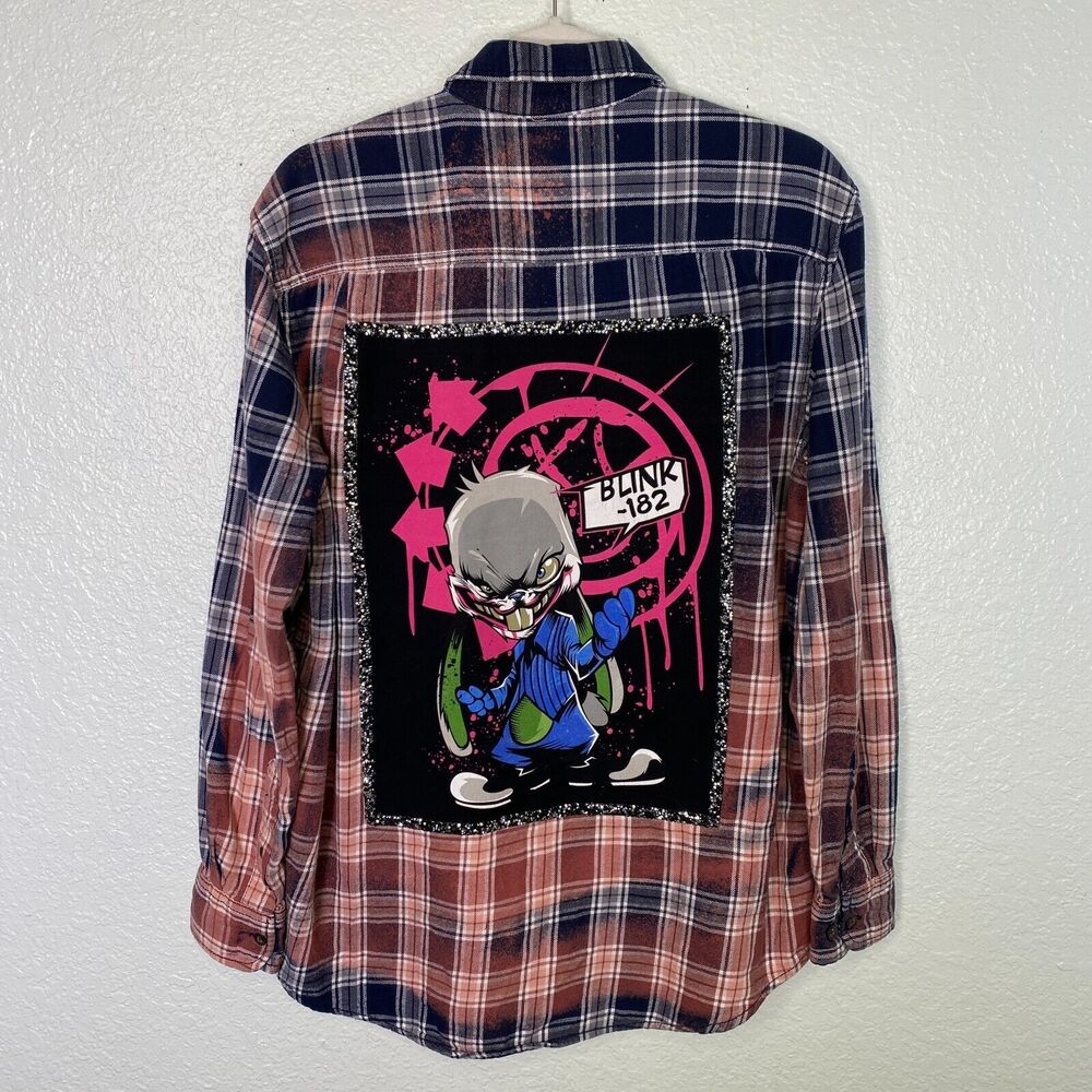 Blink 182 Shirt Adult Medium Bunny Graphic Band Logo Handmade Bleach Flannel